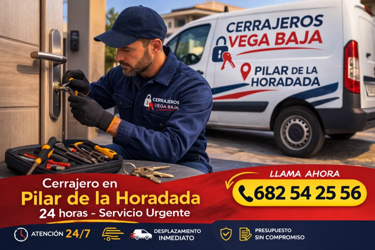 Cerrajero en Pilar de la Horadada 24 horas trabajando en apertura de puerta con furgoneta de Cerrajeros Vega Baja al fondo