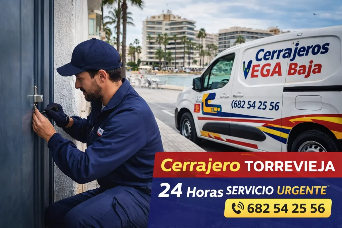 Cerrajero en Torrevieja 24 horas realizando apertura de puerta urgente frente a vivienda