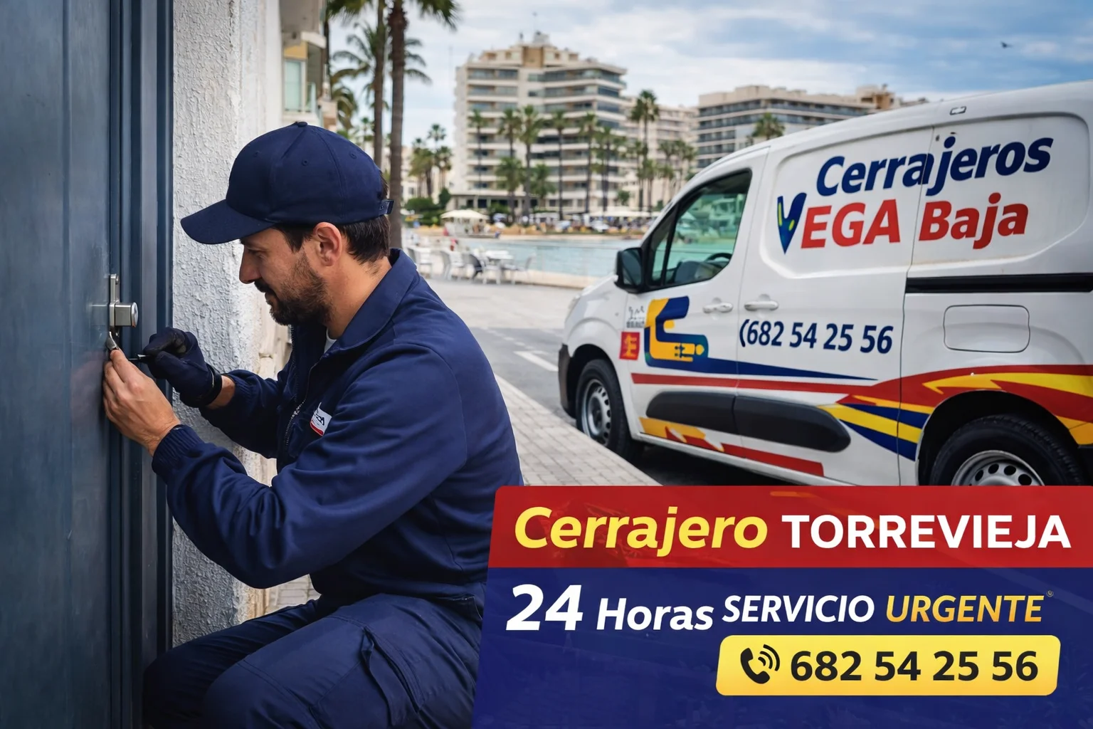 Cerrajero en Torrevieja 24 horas realizando apertura de puerta urgente frente a vivienda